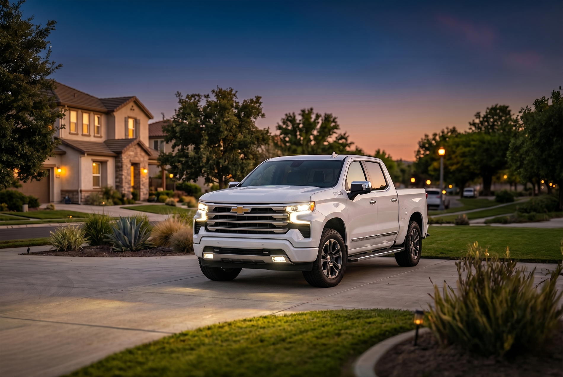 2026 Chevrolet Silverado 1500 High Country trim level parked with its lights on in the driveway of a neighborhood with newer two story homes and a lot of trees