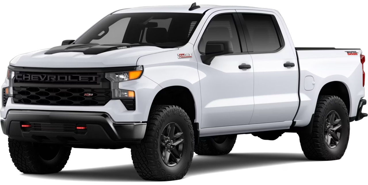 A 2026 Chevrolet Silverado 1500 Custom Trail Boss trim level on a clean background