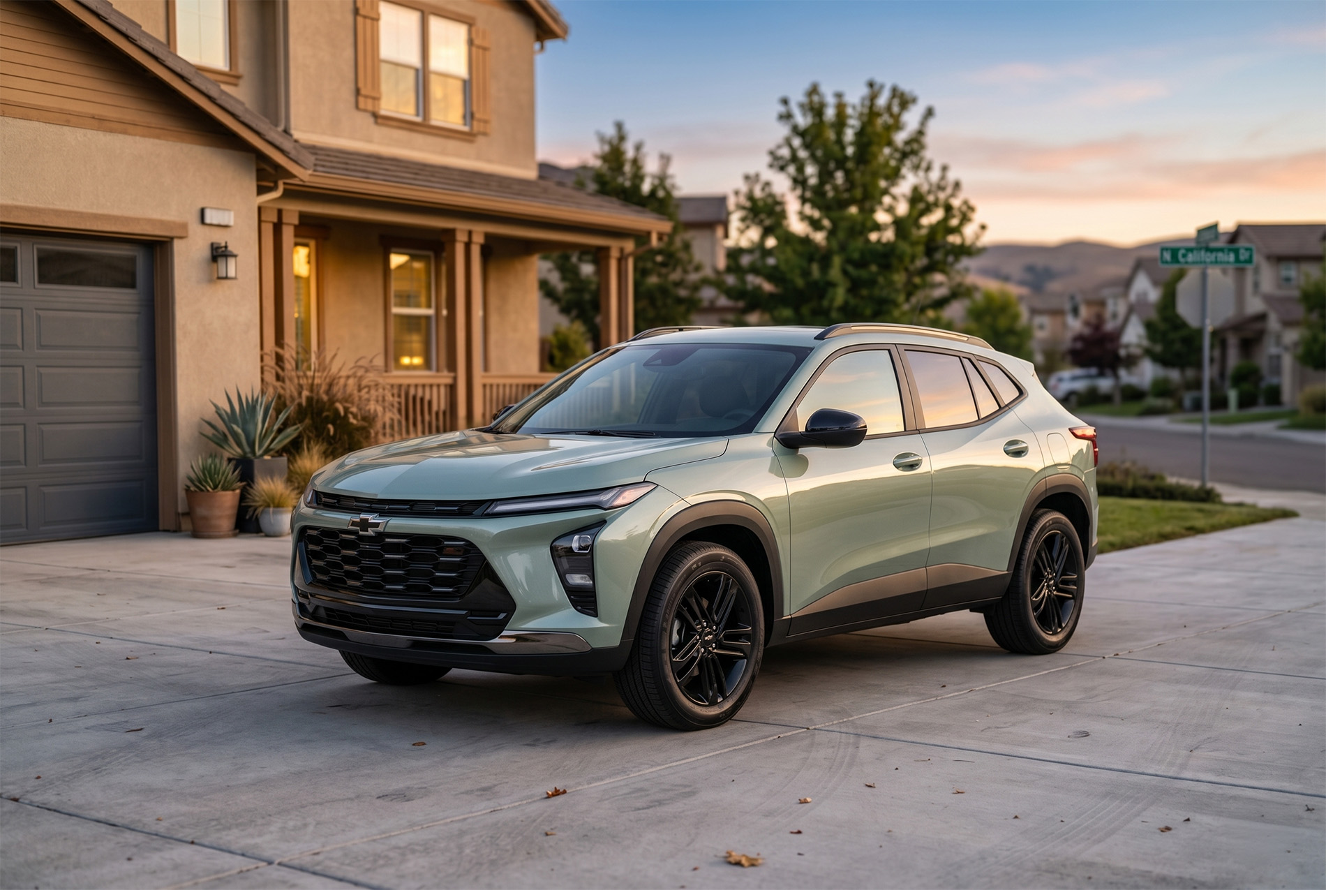 A sage green 2026 Chevrolet Trax ACTIV trim level parked in the driveway of a suburban home at sunset