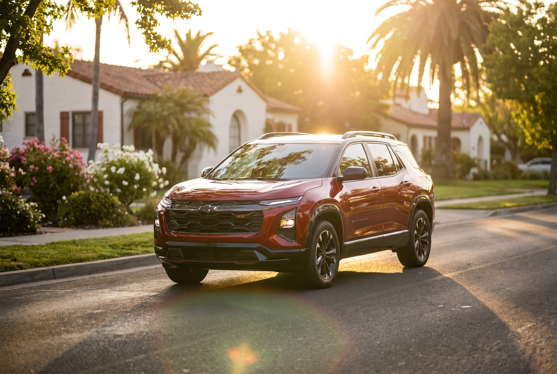 A red 2026 Chevrolet Equinox RS trim level driving through a neighborhood lined with palm trees and sunflare peaking through the leaves