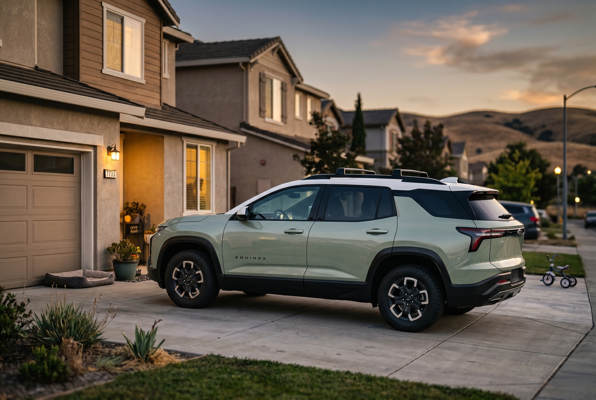 A sage green 2026 Chevrolet Equinox ACTIV trim level parked on a beach at sunset parked in the driveway of a two story home with a childs tricycle next to it