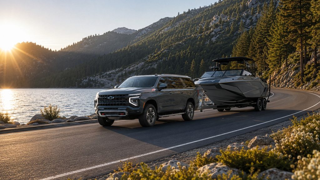 A gray 2026 Chevrolet Suburban Z71 towing a black boat along a mountain lake road at sunrise, illustrating the SUV’s power and towing performance for California drivers.