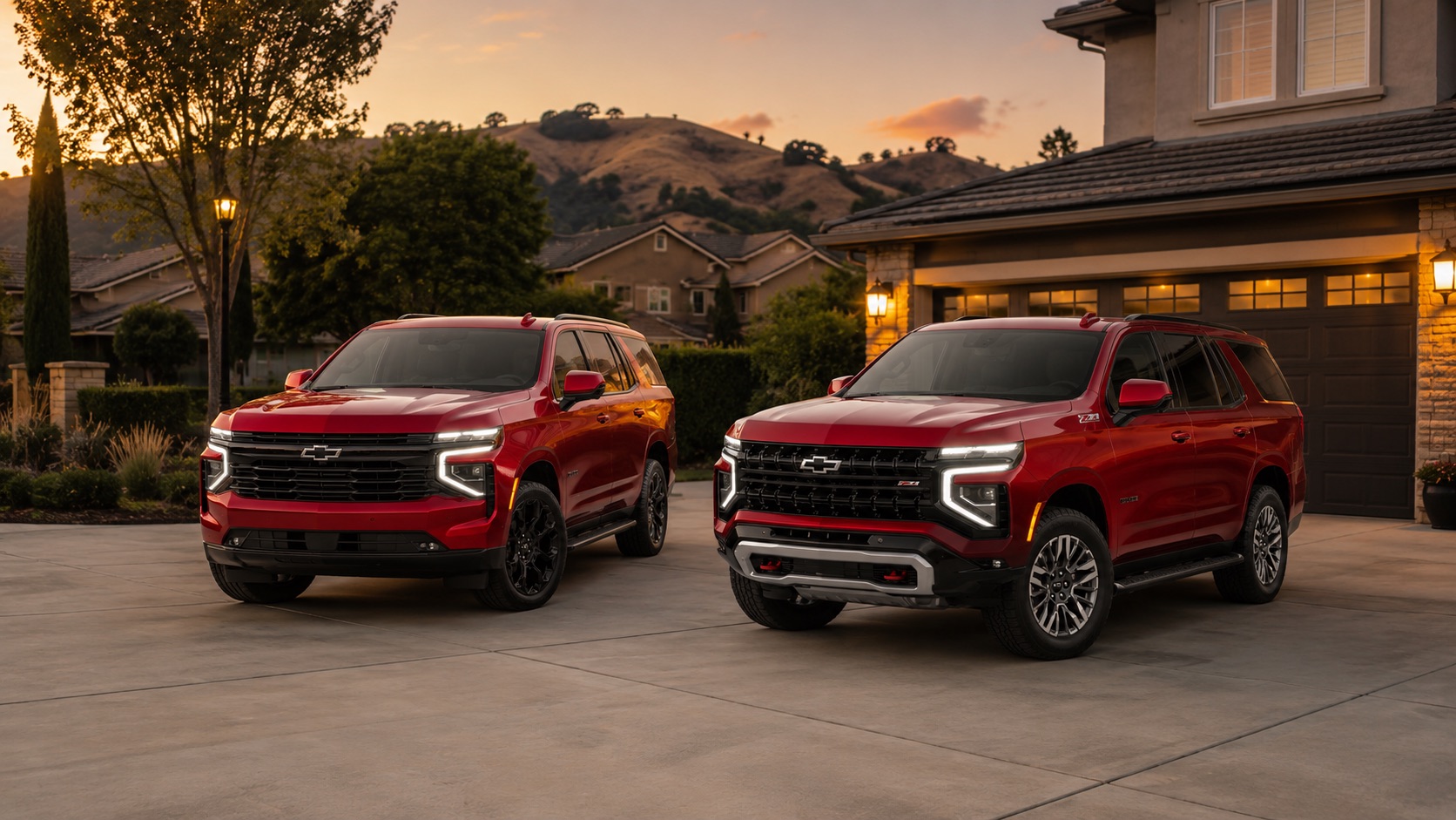 Two red 2026 Chevrolet Tahoe SUVs parked side by side in a residential driveway at sunset, showcasing distinct front‑end designs for sport‑styled and off‑road Z71 trims available at Delta Chevrolet in Pittsburg, CA.