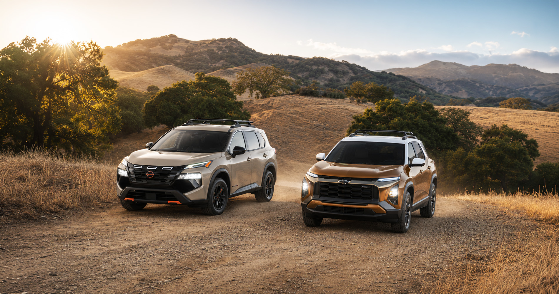 A bronze 2027 Chevrolet Equinox and a silver 2026.5 Nissan Rogue parked on a dirt trail surrounded by rolling hills and trees at sunset near Pittsburg, California, showcasing their rugged off-road capability and adventure-ready trims.