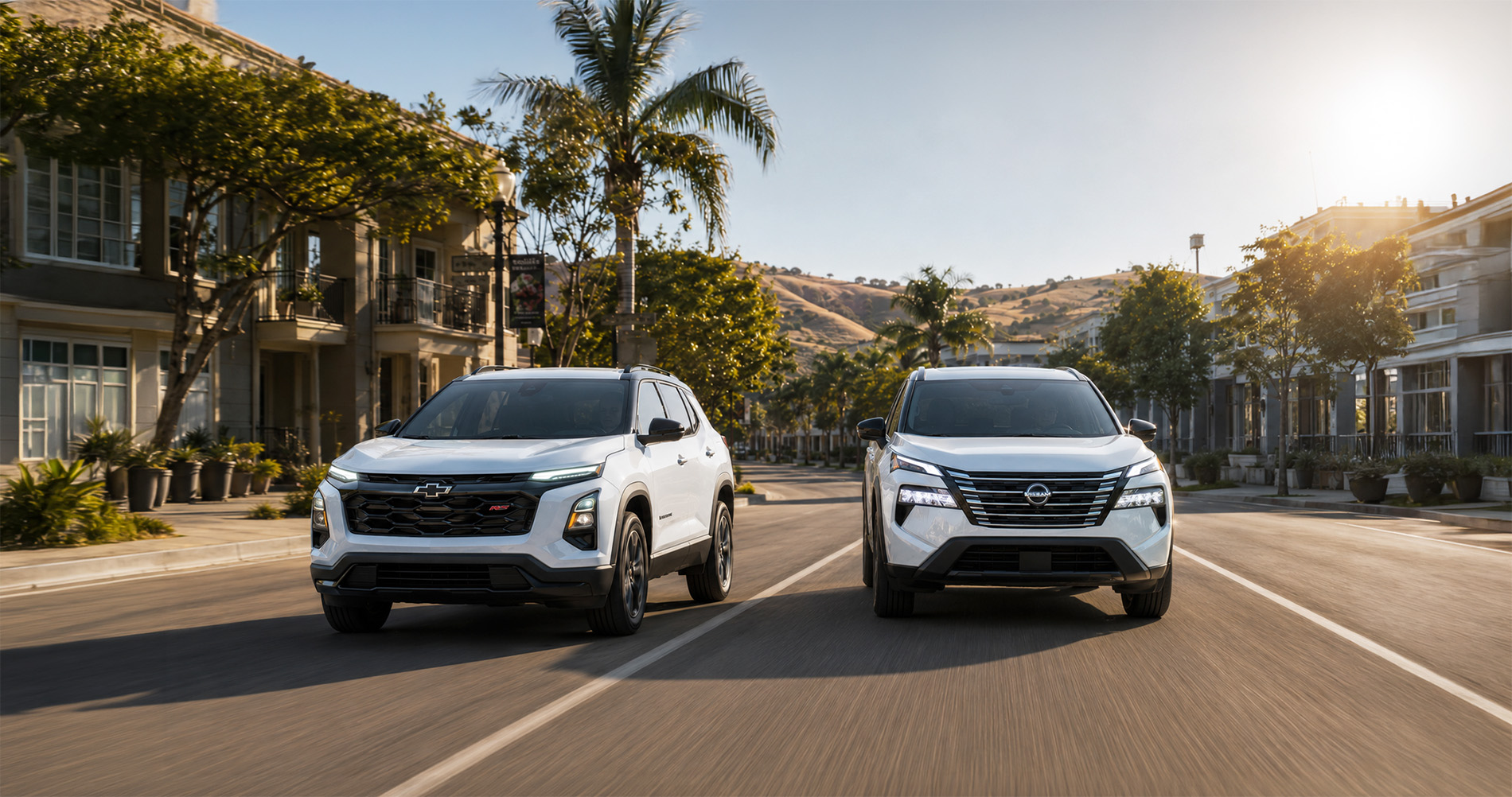 Two white SUVs—a 2027 Chevrolet Equinox and a 2026.5 Nissan Rogue—driving side by side through downtown Pittsburg, California, with palm trees, modern buildings, and hills in the background under bright morning sunlight, emphasizing their sleek urban styling and performance.