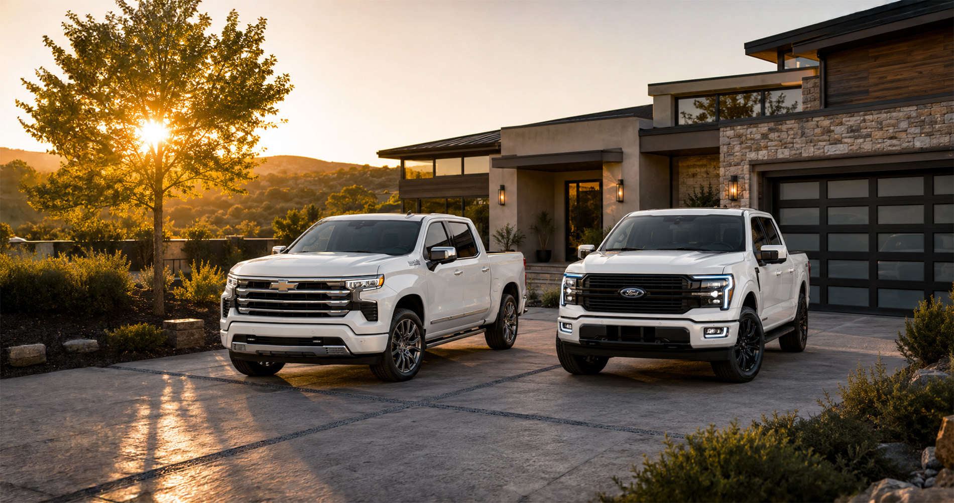 White Chevrolet Silverado High Country and Ford F-150 Platinum parked in a modern driveway at sunset, highlighting premium trims.