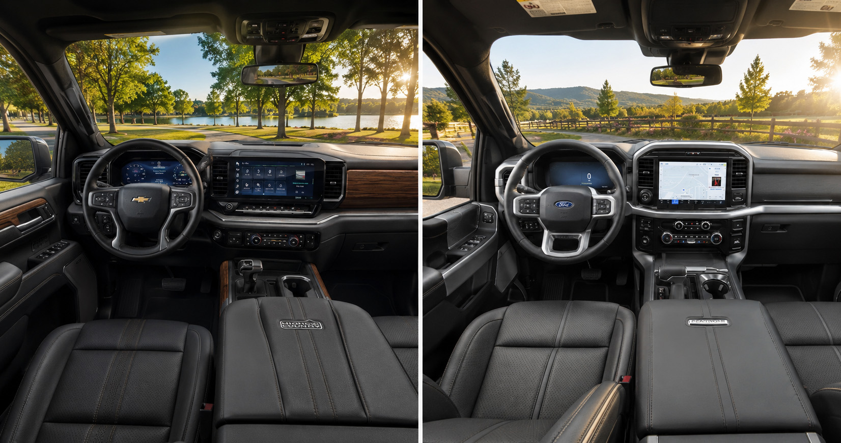 Side-by-side view of Chevrolet Silverado High Country and Ford F-150 Platinum cabins, showcasing digital displays and luxury finishes.
