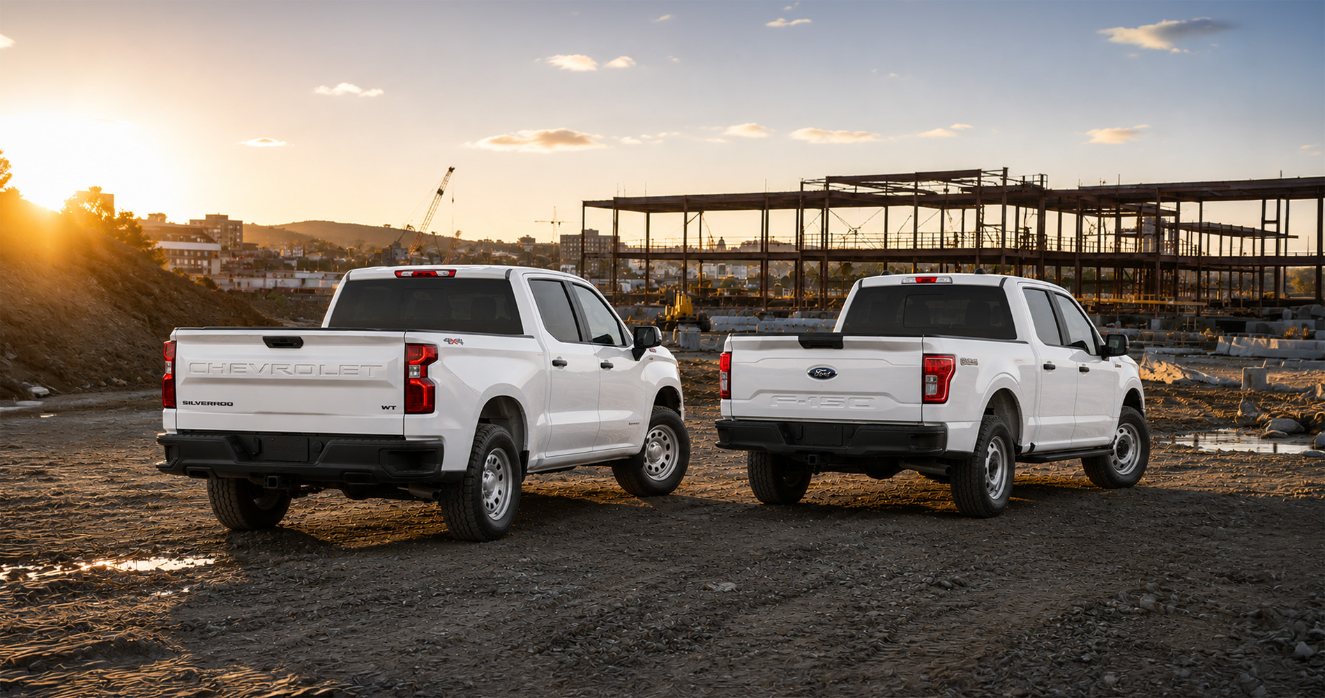 Rear view of white Chevrolet Silverado WT and Ford F-150 XL at a construction site during sunset, highlighting work-ready design.