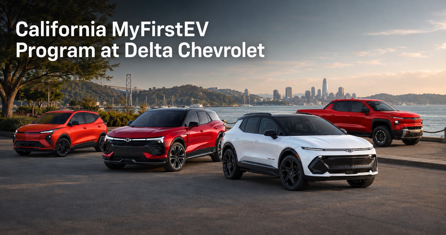 Chevrolet EV lineup featuring the Bolt, Blazer EV, Equinox EV and Silverado EV along a San Francisco Bay Area waterfront for Delta Chevrolet’s California MyFirstEV program.