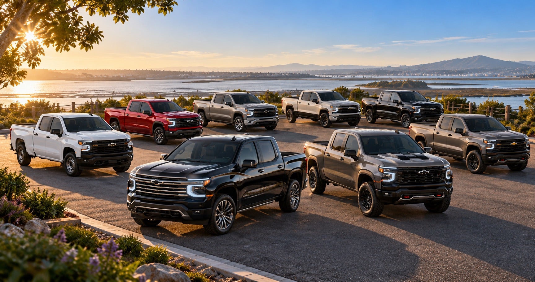 2027 Chevrolet Silverado 1500 trim lineup parked at a waterfront overlook in Pittsburg, CA