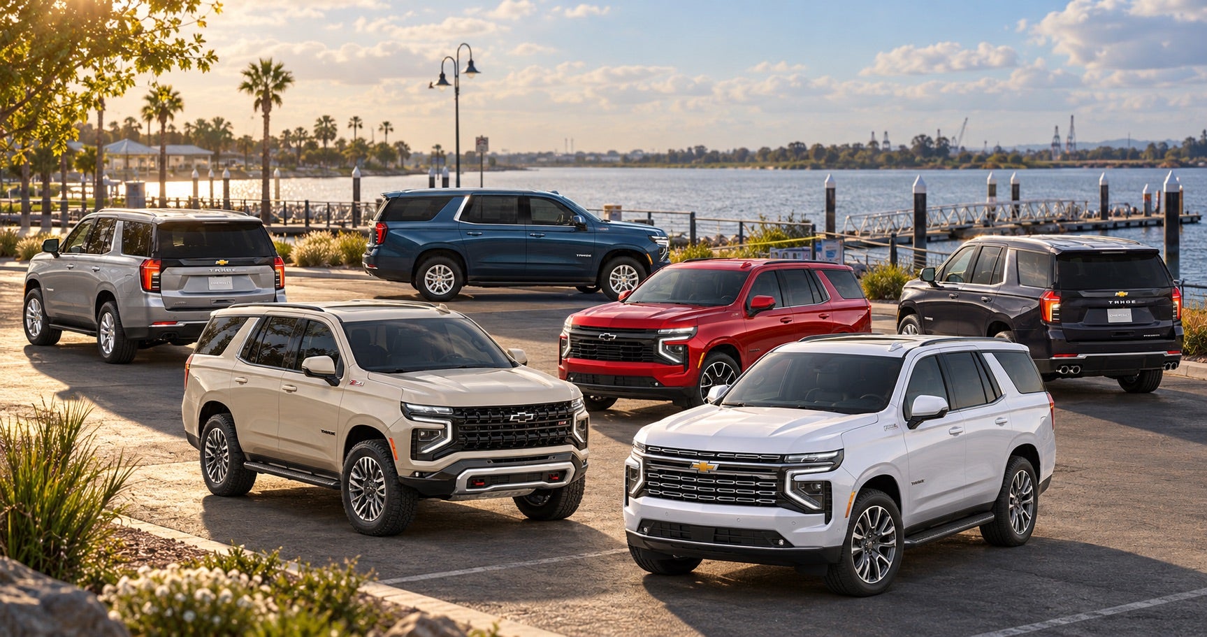2027 Chevrolet Tahoe trim lineup parked at a waterfront marina in Pittsburg, CA