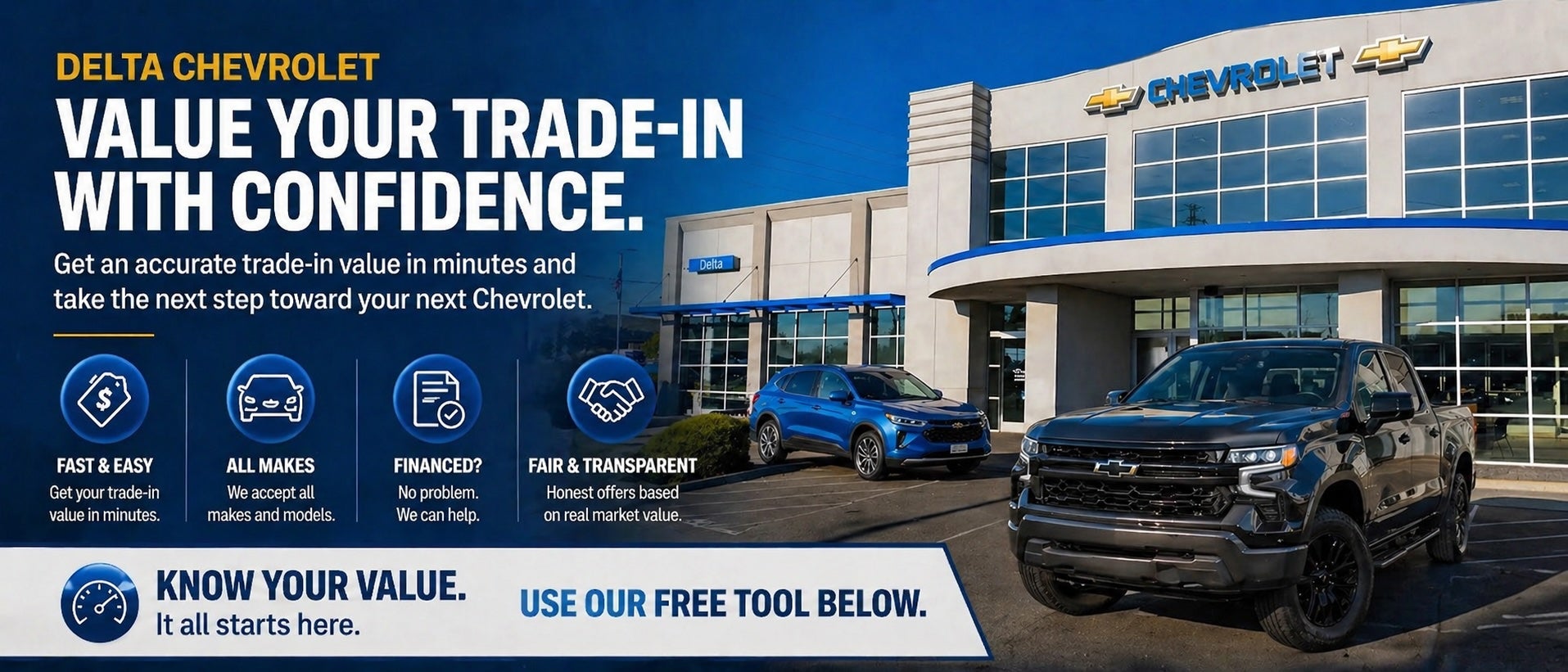 Delta Chevrolet dealership in Pittsburg CA with a Chevrolet Silverado 1500 and Chevrolet Equinox, promoting trade-in value and vehicle appraisal