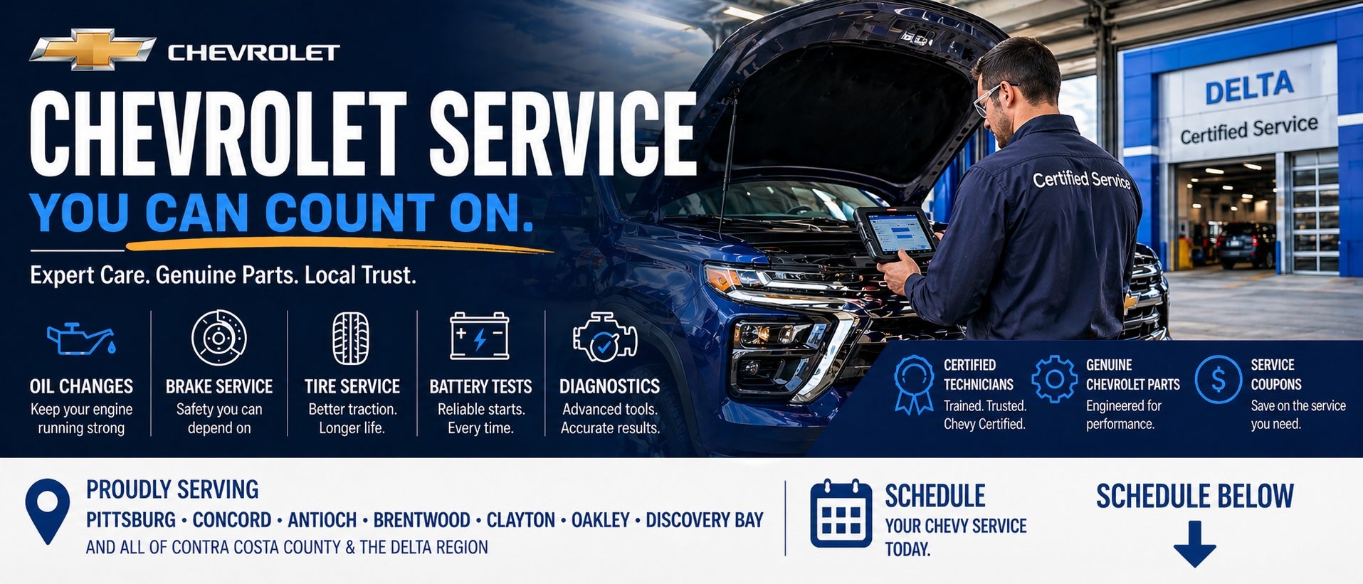 Chevrolet service banner at Delta Chevrolet showing technician working on a Chevy truck with Schedule Below call to action